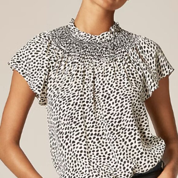 J. Crew Smocked High-Neck Top in Black & Cream Spot Print Small NWT ! - Picture 1 of 8